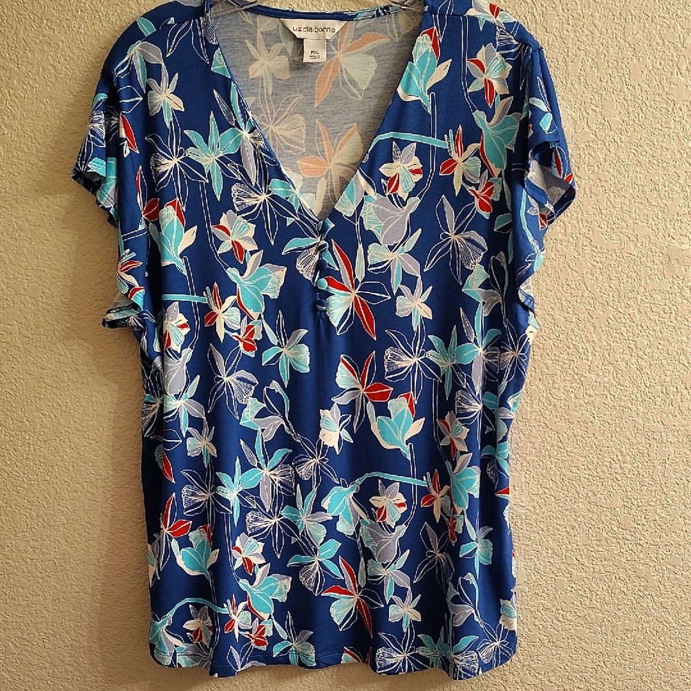 NEW Liz Claiborne  Size PXL Vneck Ruffle Sleeves Blue  Red Floral Top B4 X P